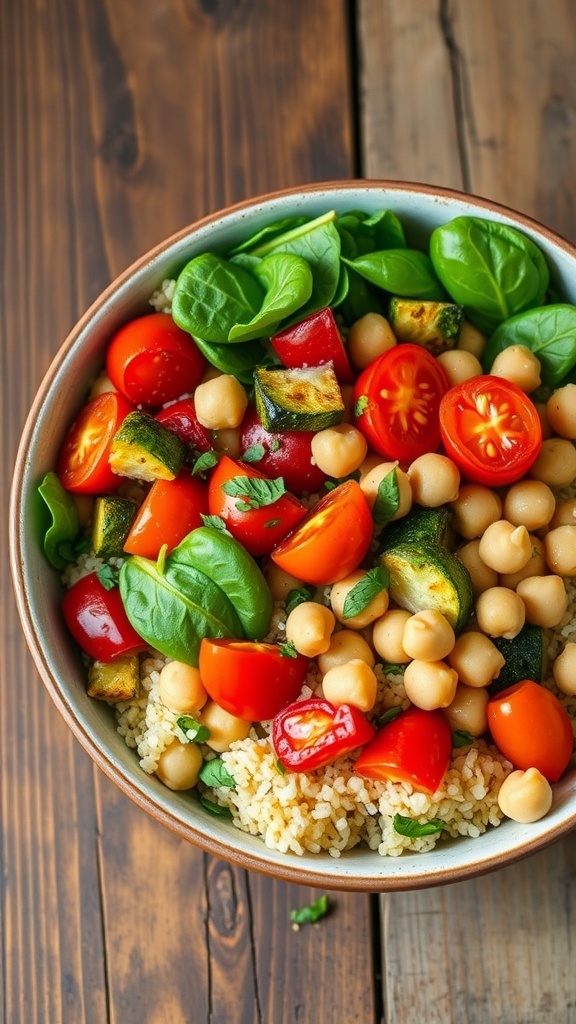 A colorful quinoa bowl with roasted vegetables, spinach, and chickpeas, garnished with herbs and lemon juice.